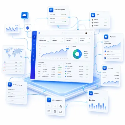 Panel administrativo con métricas, tablas y seguimiento en laptop